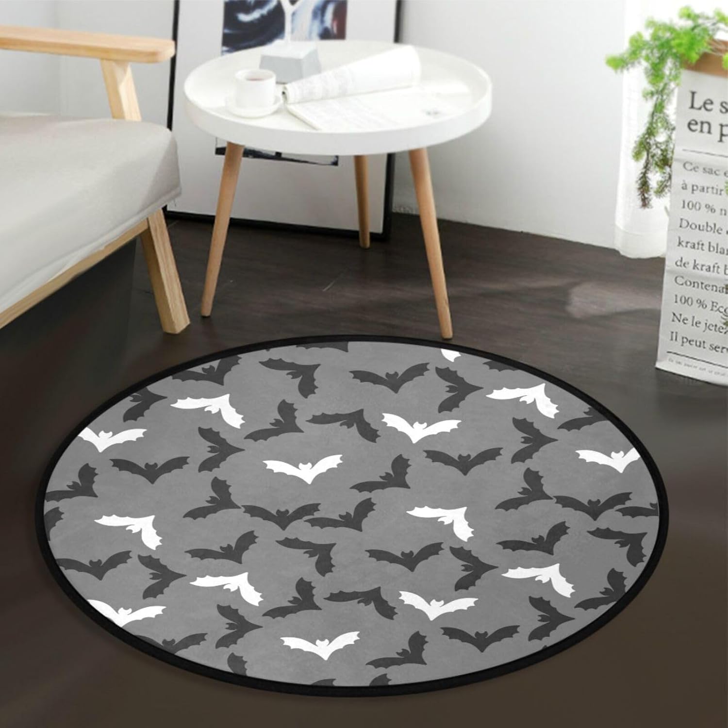 Alfombra redonda con patrón de murciélagos de 3 pies, lavable para dormitorio, sala de estar, tapete circular de Halloween, tapete antideslizante