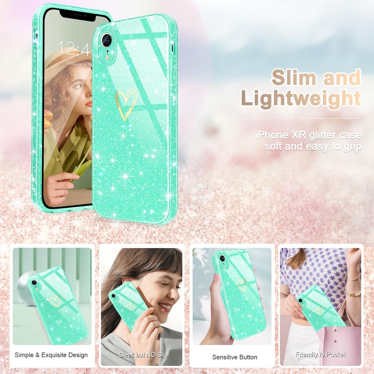 Funda para iPhone XR, purpurina transparente con 1 protector de pantalla de vidrio templado Funda protectora de silicona suave a prueba de golpes