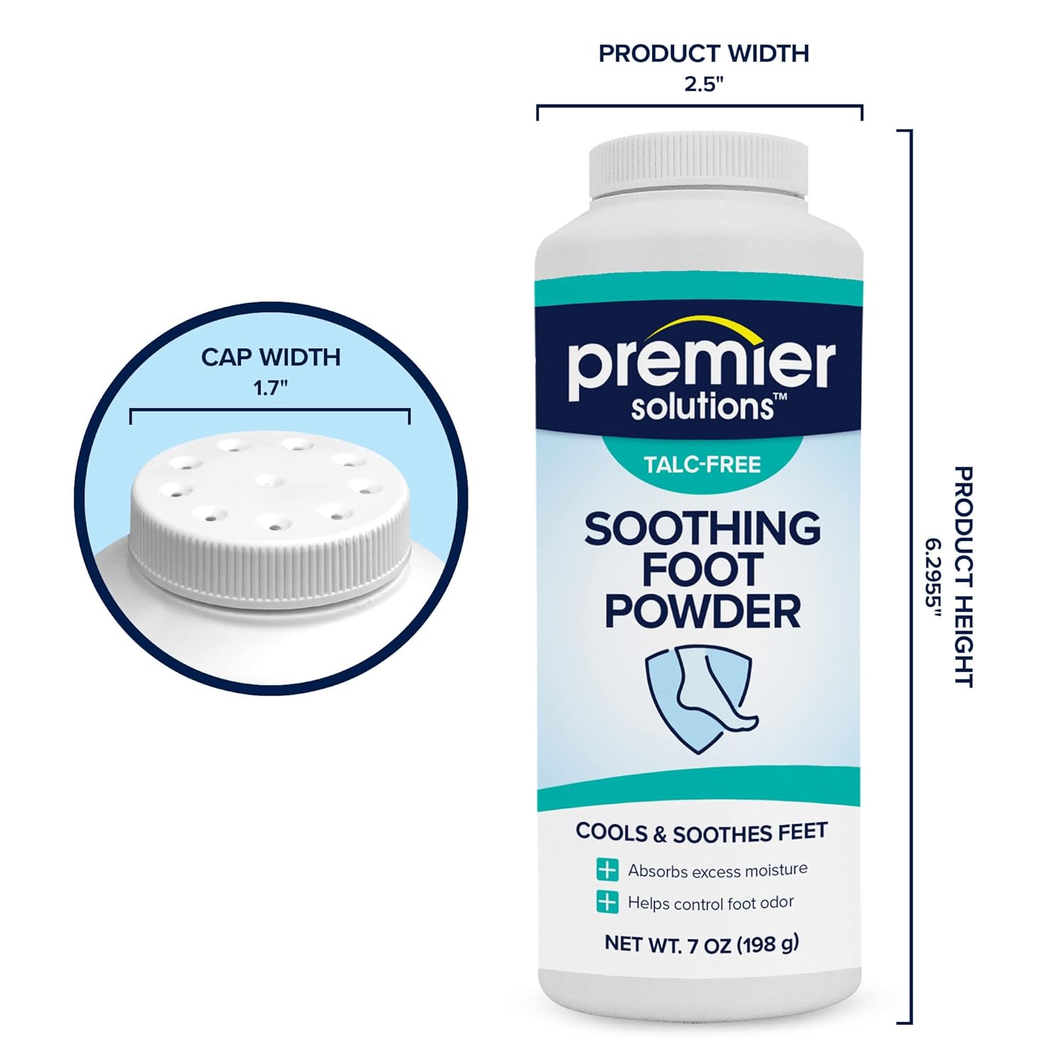 Premier Solutions Polvo calmante para pies sin talco, control de olores y alivio de picazón, 7 onzas (paquete de 3)