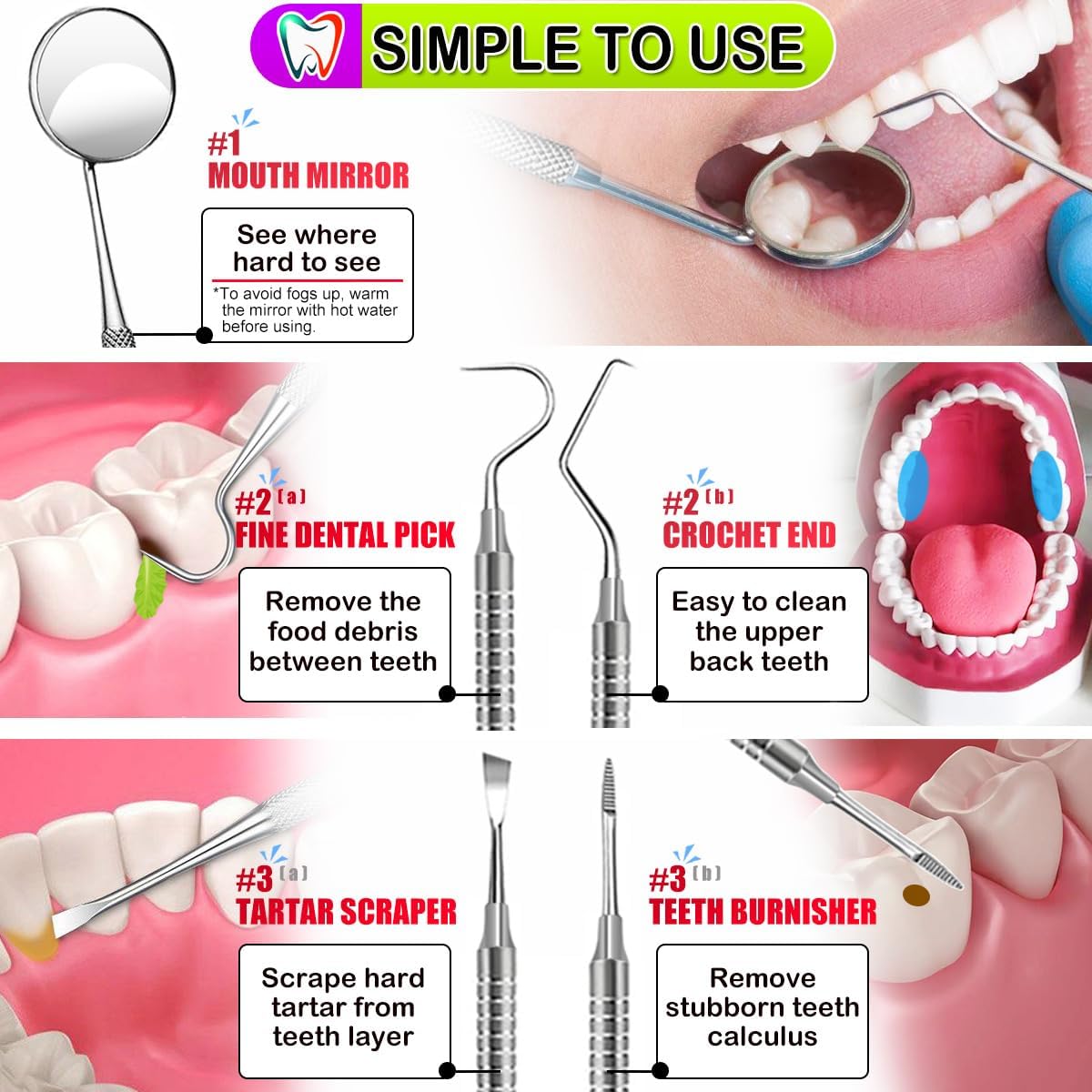 CATACC PRO Herramientas dentales, púa dental, kit de higiene dental, kit de herramientas de limpieza dental de acero inoxidable con raspador de