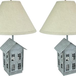Juego de 2 lámparas de mesa rústicas de metal gris galvanizado en forma de casa con luces de acento, pantallas de tela beige de 15 pulgadas, Juego de 2 lámparas de mesa rústicas de metal gris galvanizado en forma de casa con luces de acento, pantallas de tela beige de 15 pulgadas,