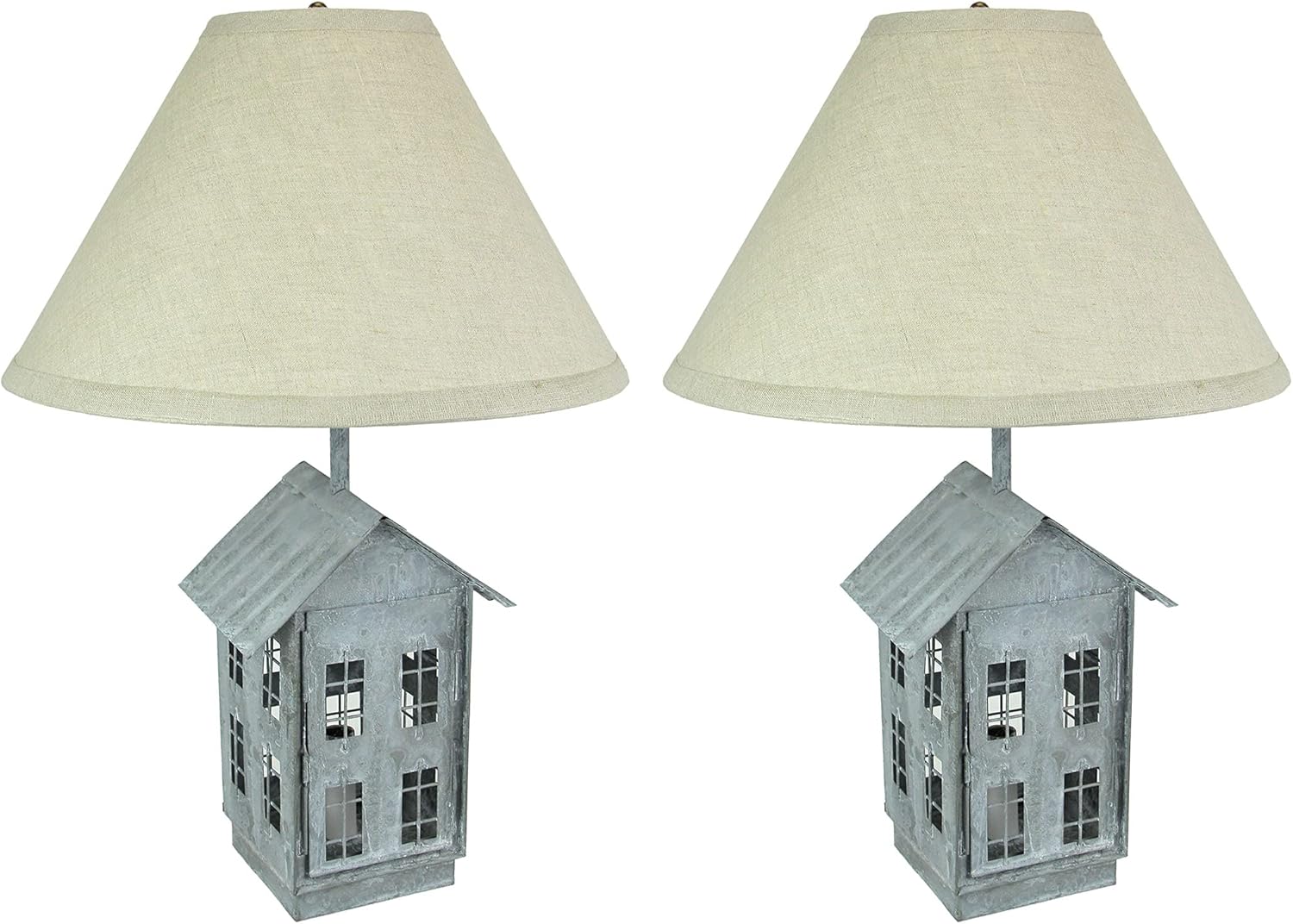 Juego de 2 lámparas de mesa rústicas de metal gris galvanizado en forma de casa con luces de acento, pantallas de tela beige de 15 pulgadas,