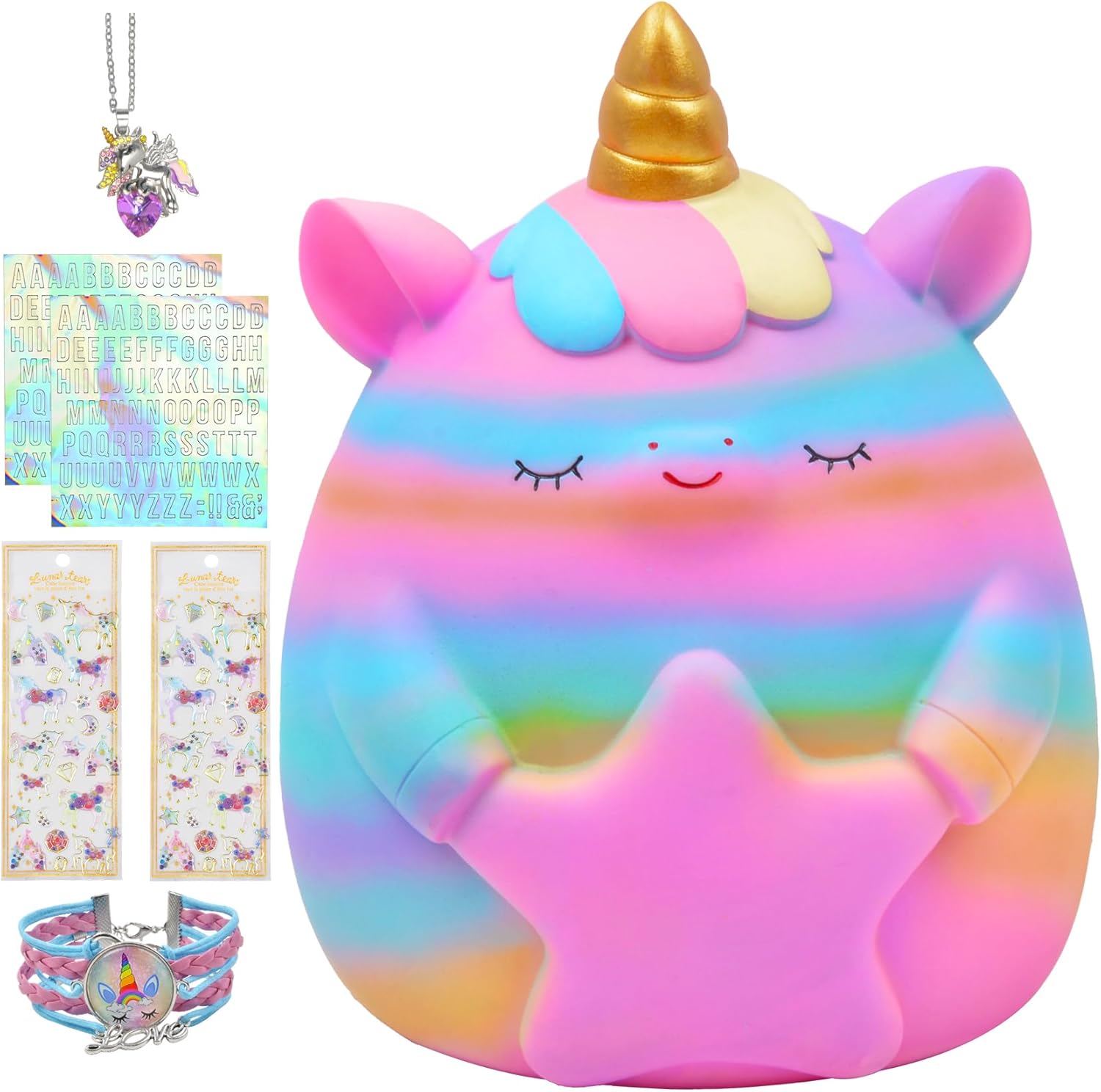 Alcancía de unicornio para niñas, bonita alcancía irrompible de resina con calcomanías y pulsera, juego de pulseras para niños pequeños, regalo de