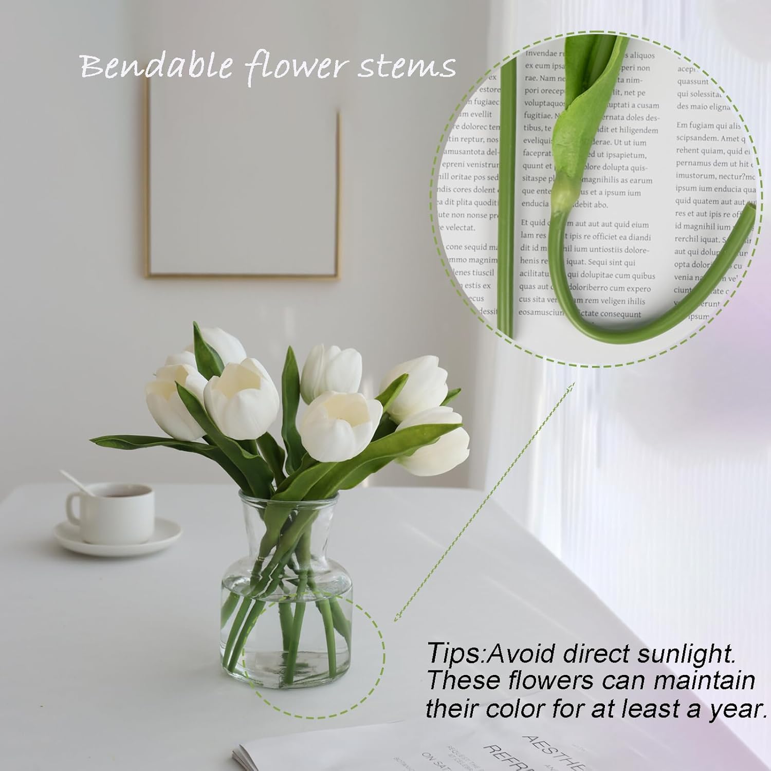 Buart Tulipán blanco y verde, flores artificiales de lujo, tulipán grande, día de San Valentín, día de la madre, Pascua, hogar, cocina, decoración