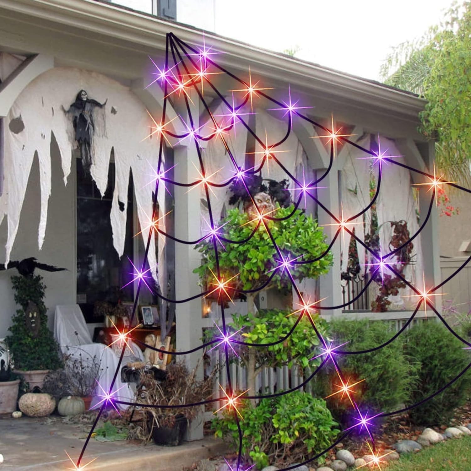 Dazzle Bright 250 luces LED de telaraña de Halloween, 19.5 pies x 15 pies, decoraciones de Halloween gigantes para interiores y exteriores, casa,