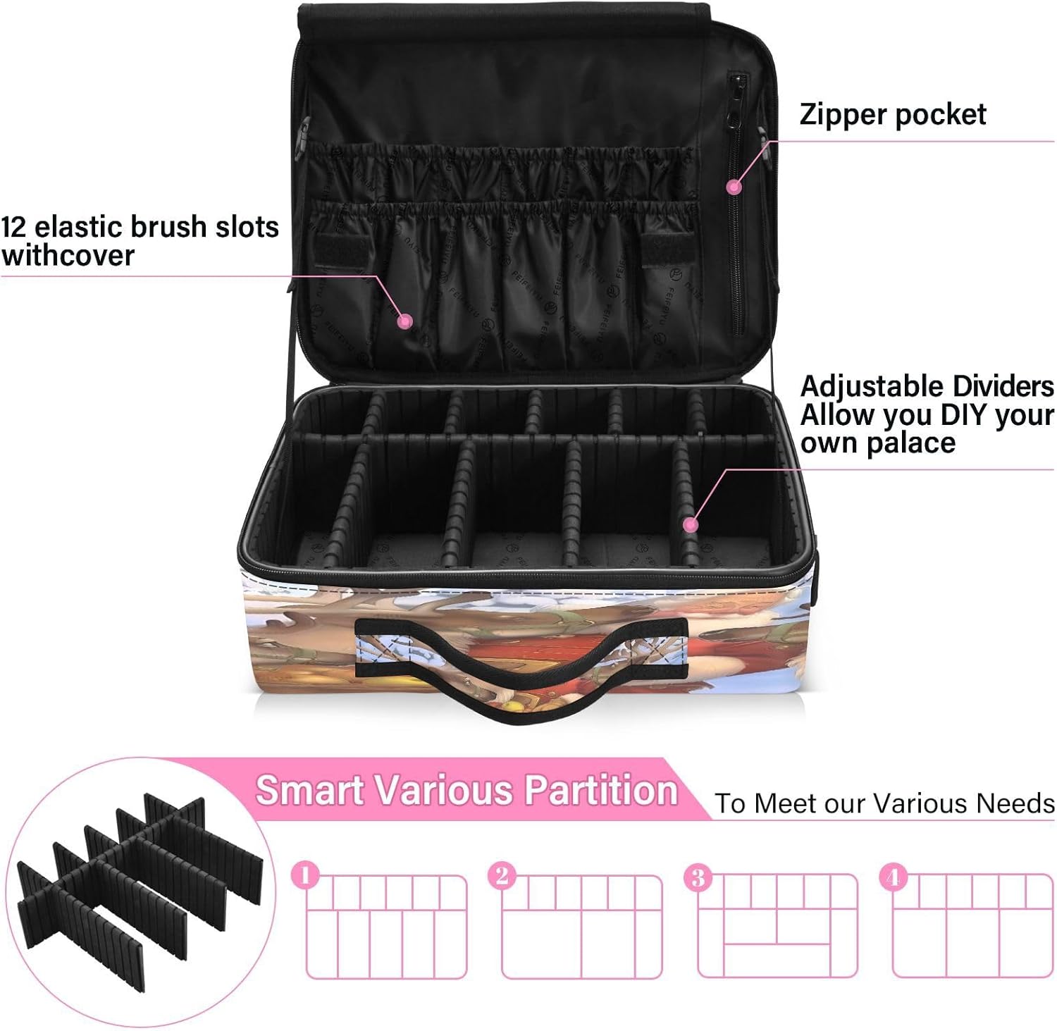 Zathe Santa Elk maquillaje de viaje portátil artículos de tocador cosméticos de apertura de viaje bolsa de maquillaje bolsa organizadora de