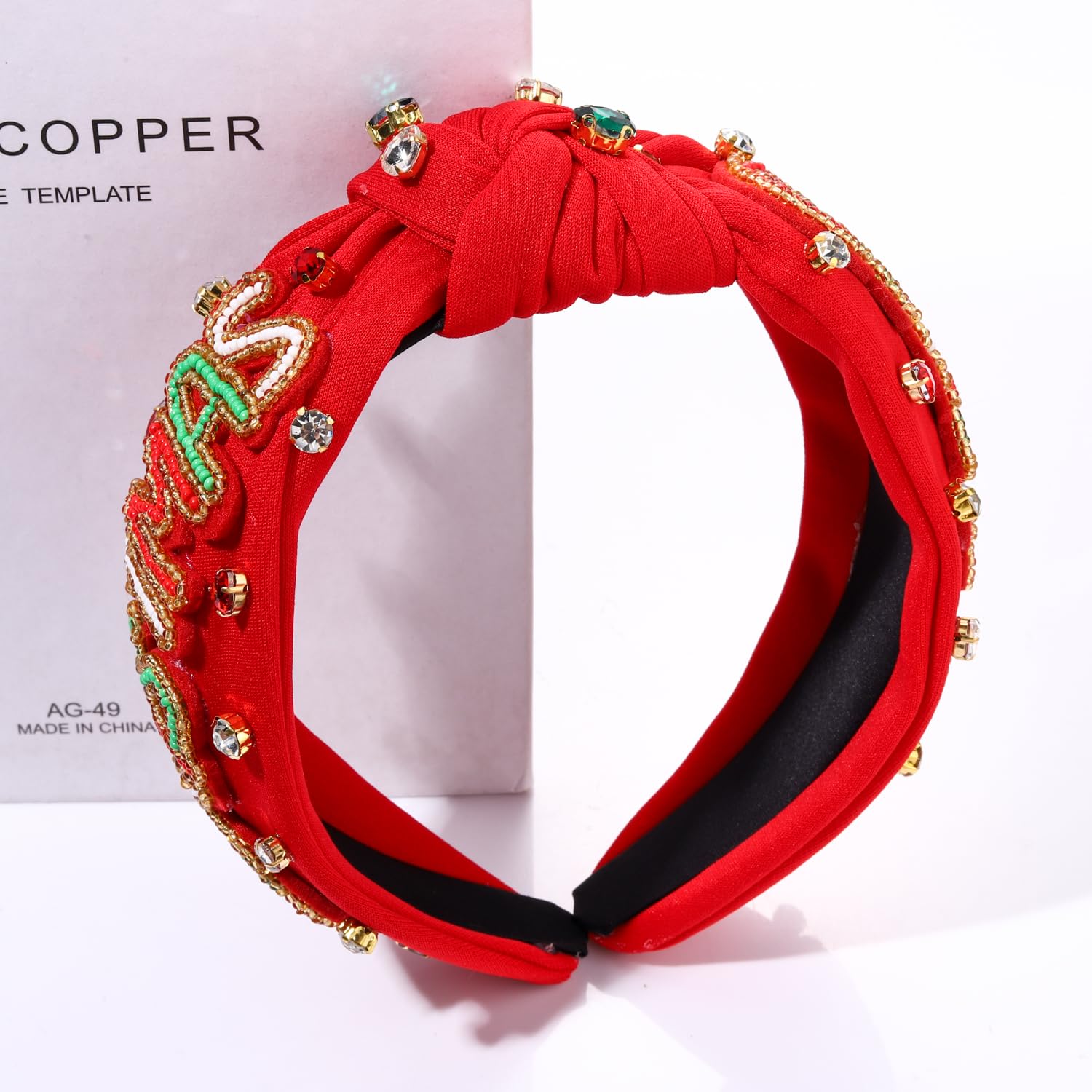 NVENF Diadema de Navidad para mujer, diadema de Navidad con adornos de perlas de cristal, diadema anudada con nudo superior ancho, accesorios para