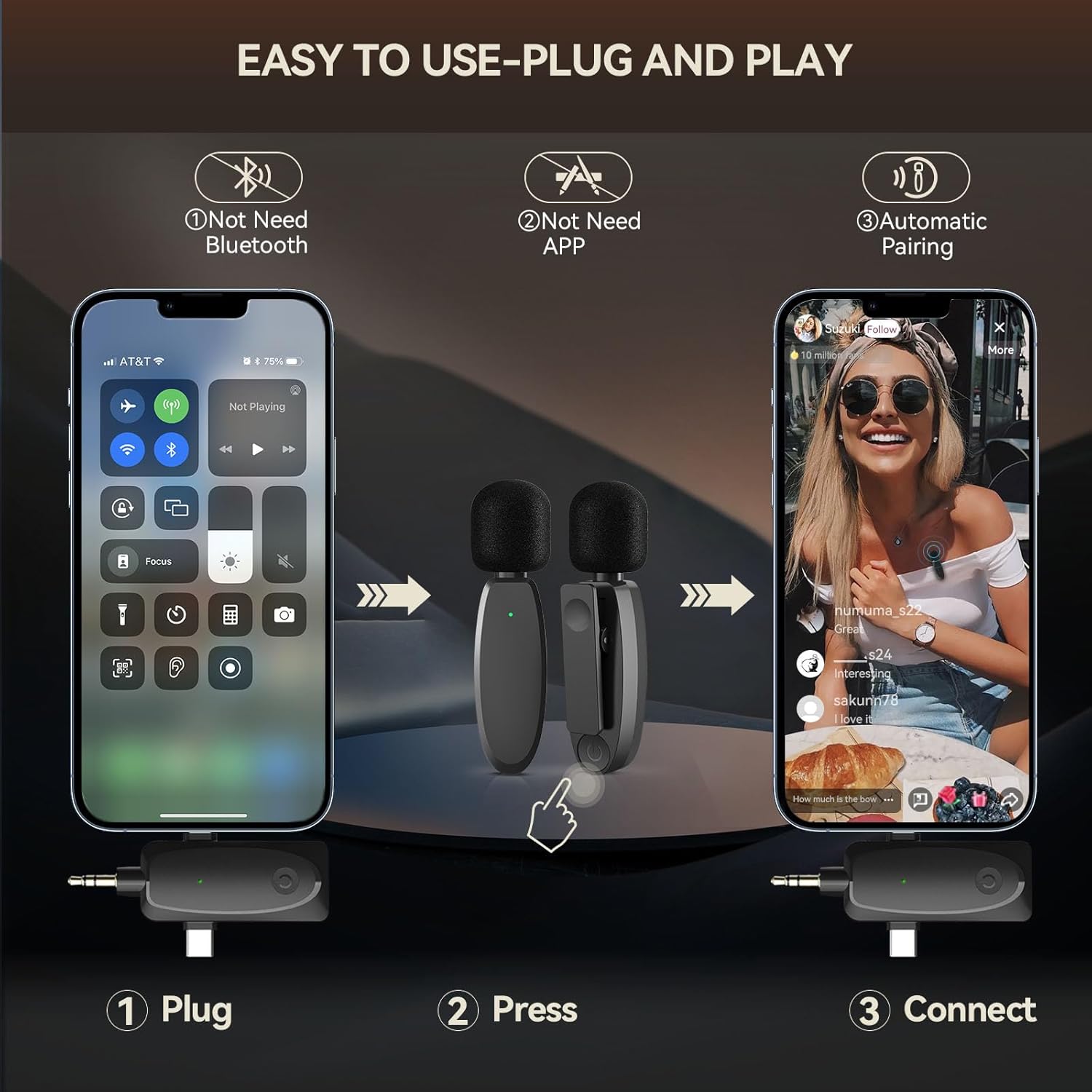 IMAXTOP Micrófono Lavalier inalámbrico, micrófonos profesionales para iPhone y cámara Android, micrófono de solapa de retardo ultra bajo de 2.4G con