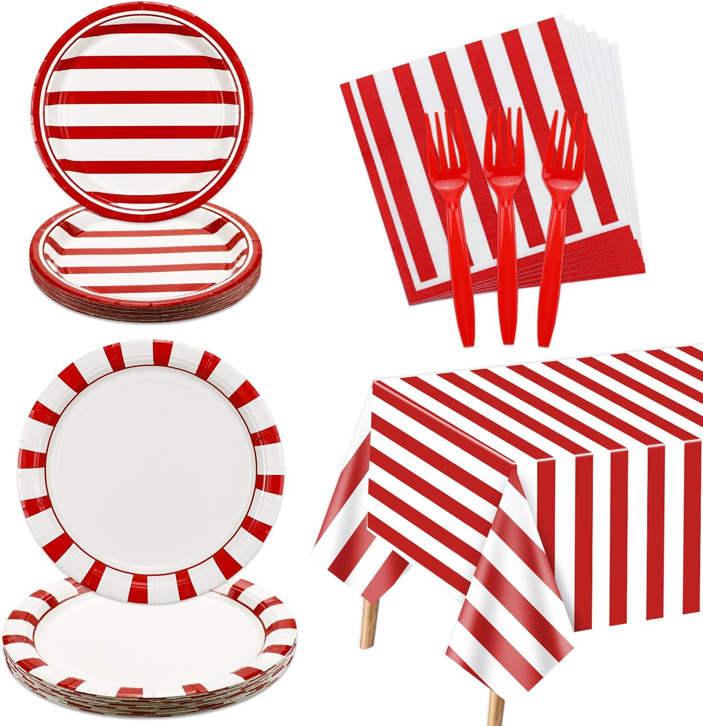 Suministros de fiesta de circo de carnaval, decoraciones de fiesta de tiras rojas y blancas, 81 piezas, incluye platos, servilletas, mantel de