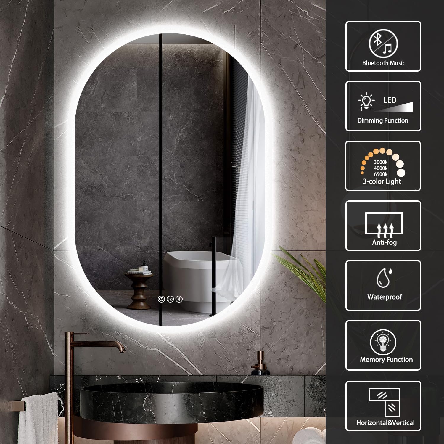 S’bagno Espejo de baño ovalado de 36 x 24 pulgadas con luces, espejo de baño LED montado en la pared, marco acrílico, atenuación, cambio de color,