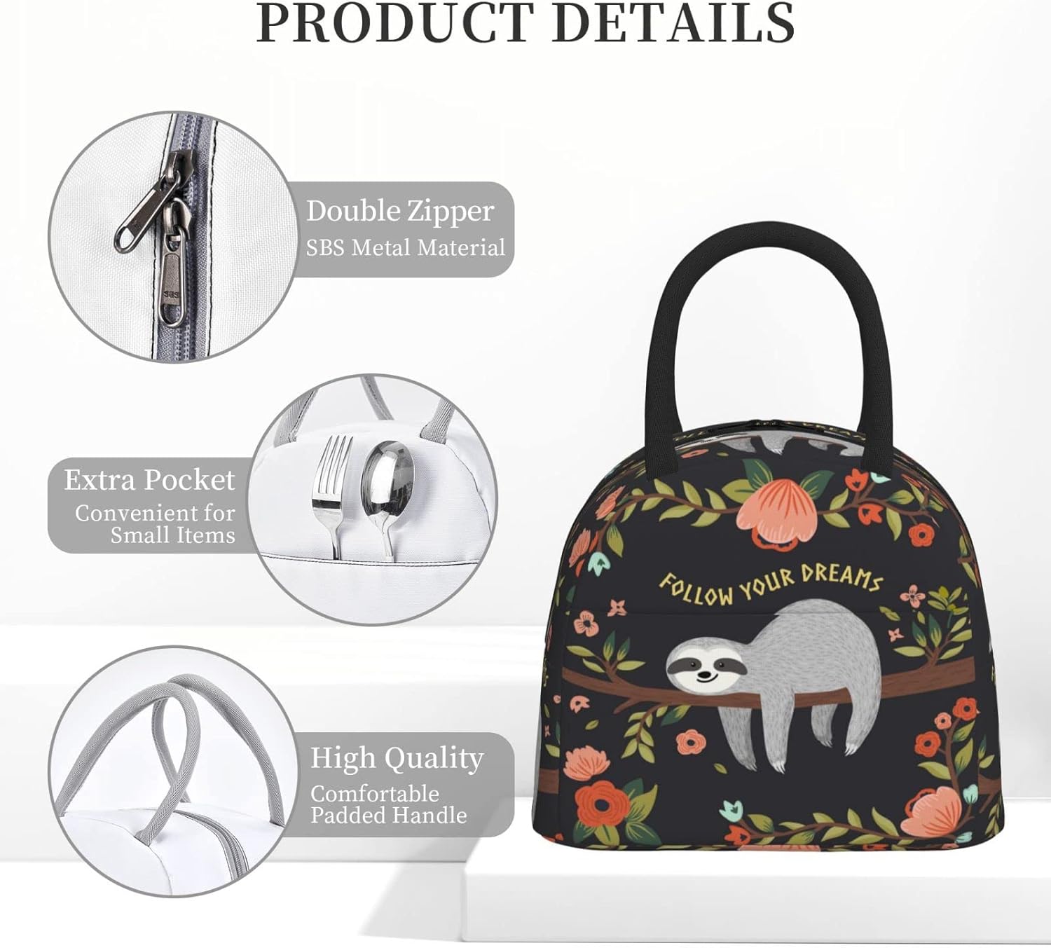Duduho Bolsa de almuerzo con texto en inglés “Follow Your Dream”, bolsa grande con diseño de perezoso, reutilizable, para mujeres, hombres, escuela,