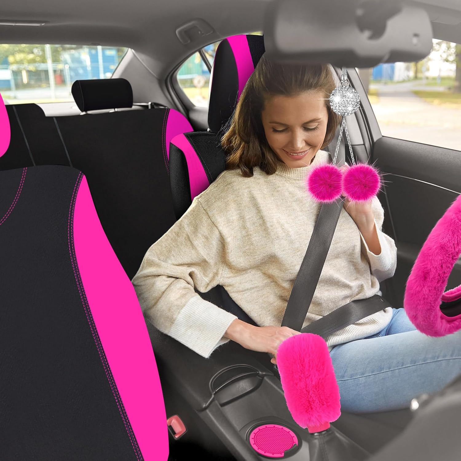 Juego completo de 17 fundas de asiento de automóvil para mujer, ajuste universal, fundas de asiento delantero y trasero, fundas esponjosas para