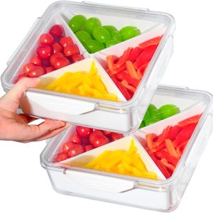 Paquete de 2 bandejas de verduras con tapa para organizador de refrigerador, contenedor dividido para aperitivos con 4 compartimentos para servir Paquete de 2 bandejas de verduras con tapa para organizador de refrigerador, contenedor dividido para aperitivos con 4 compartimentos para servir