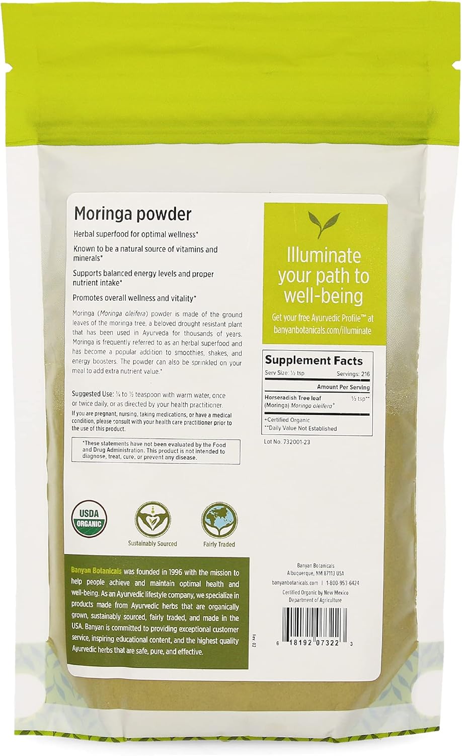 Banyan Botanicals Polvo de hoja de moringa  Certificado orgánico USDA  Moringa Oleifera  Secado al sol  Superalimento a base de hierbas crudas