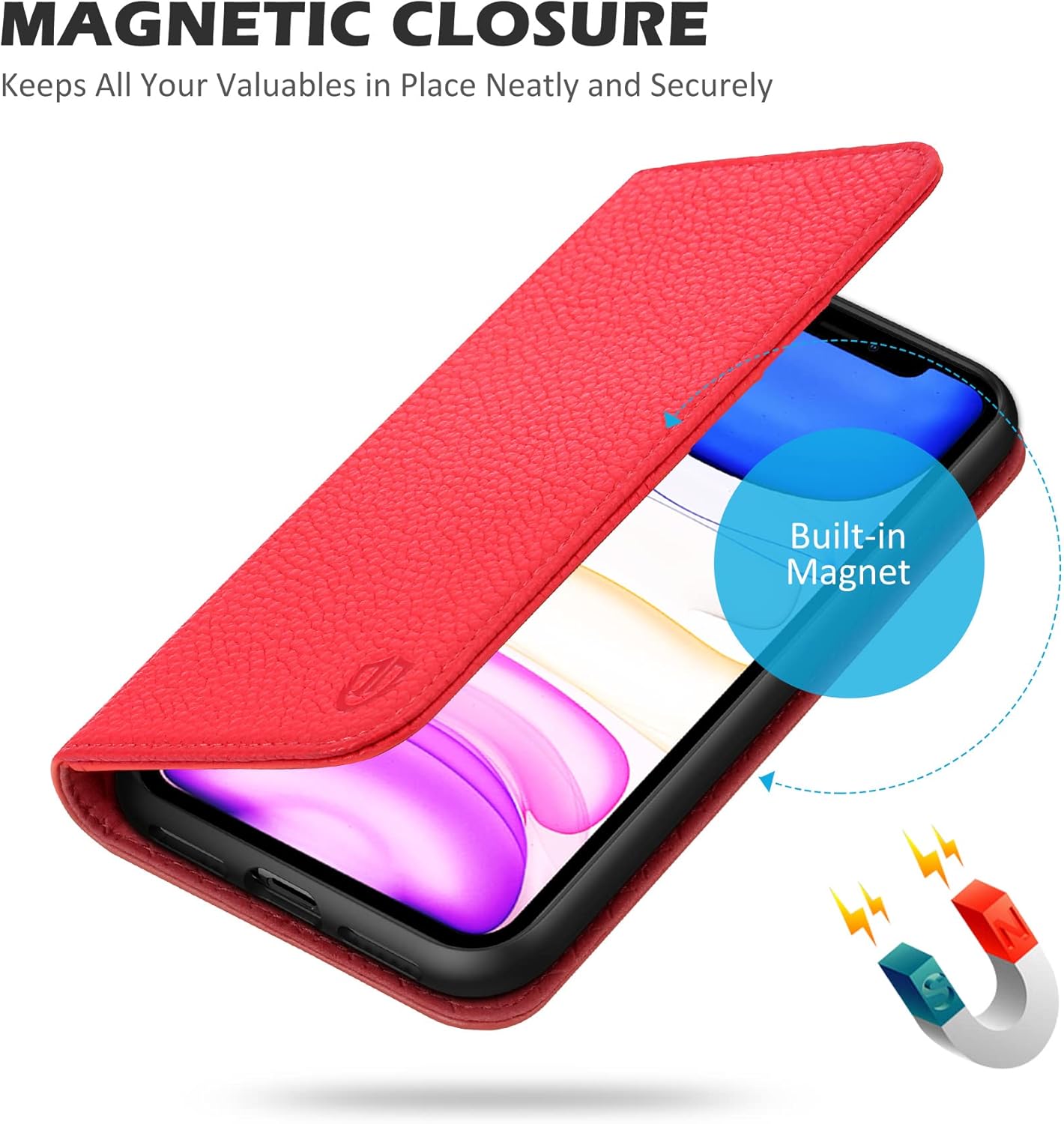 SHIELDON Funda tipo cartera para iPhone 11, de piel auténtica, plegable, con función atril, bloqueo RFID, ranuras para tarjetas de crédito, funda