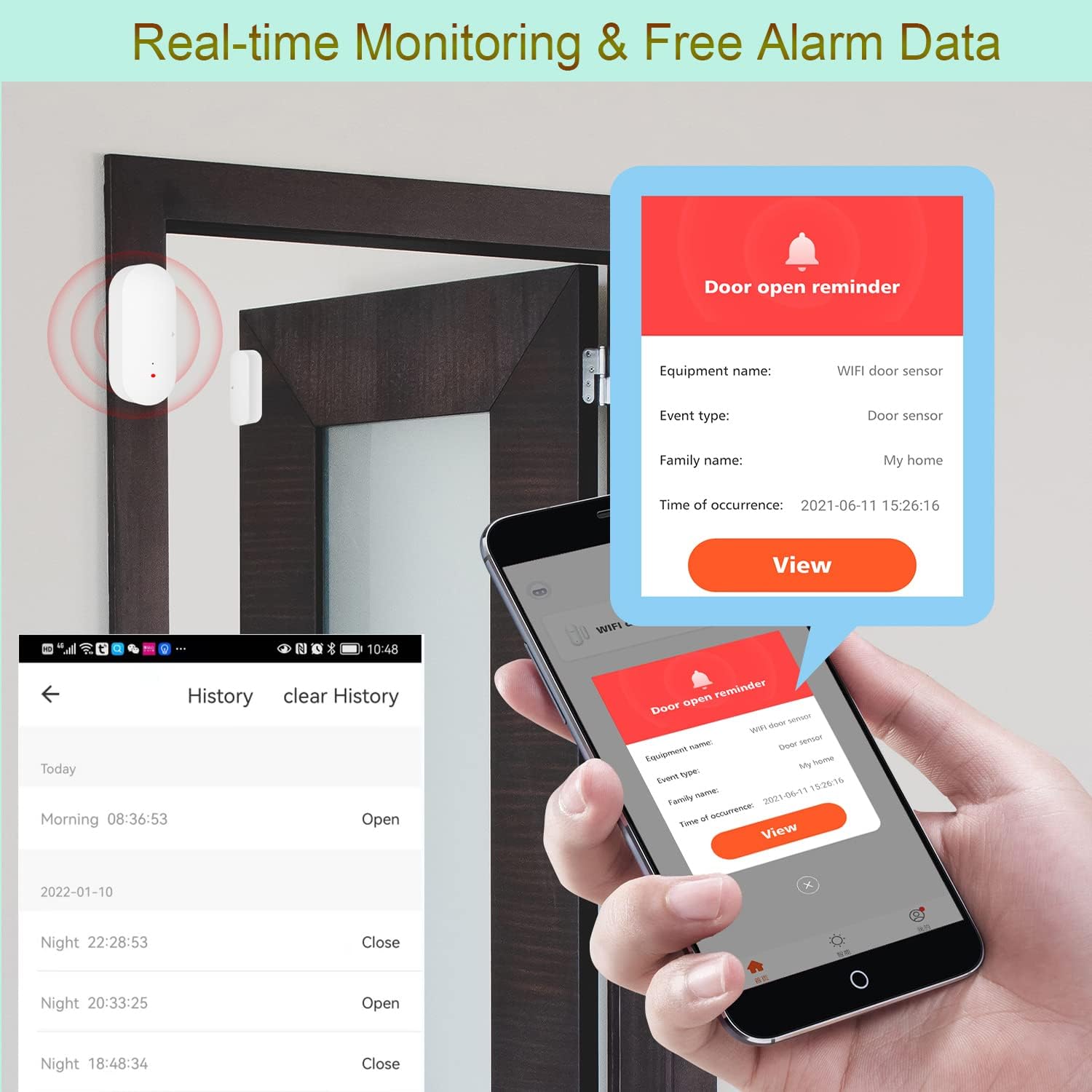 Sensor de ventana de puerta WiFi sensor de contacto inteligente con alertas de aplicación, detector de apertura de puerta compatible con Alexa