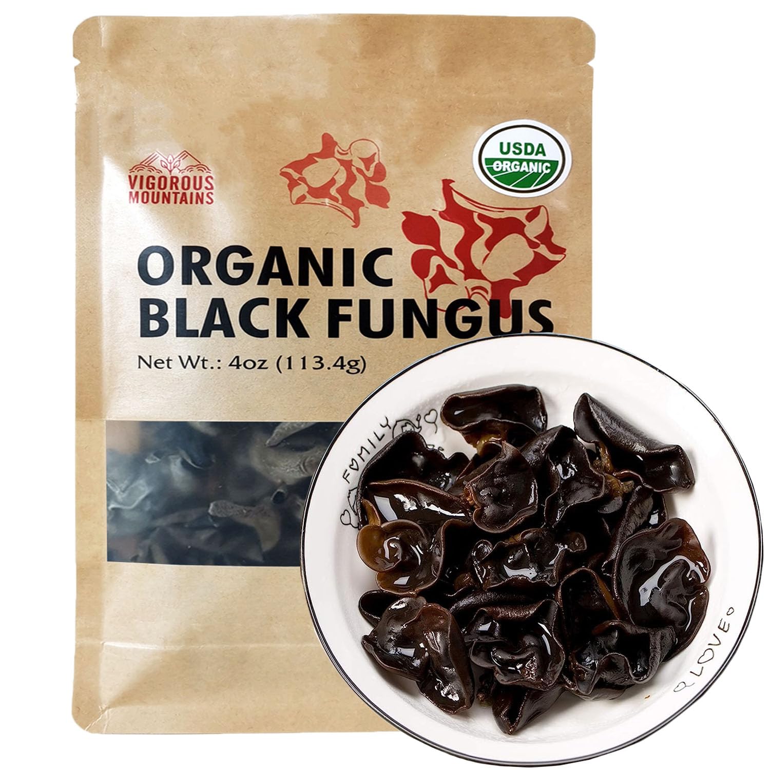 VIGOROUS MOUNTAINS Hongo negro comestible orgánico seco hongo madera oído hongos Auricularia Auricula-judae para cocinar (4OZ)