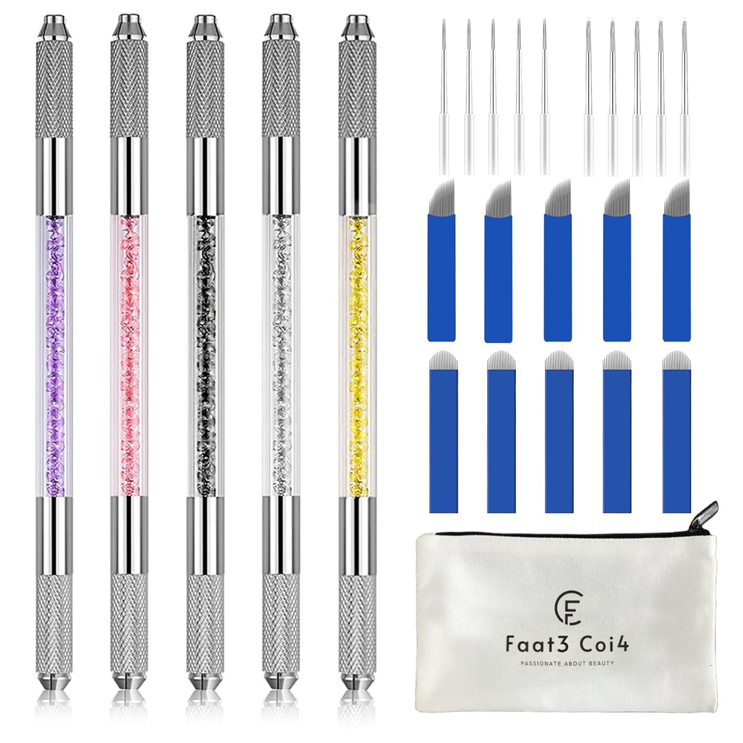 Faat3 Coi4 Bolígrafo Microblading, suministros de microblading de doble cara, 5 unidades, mango de microhoja con cuchillas de microblading