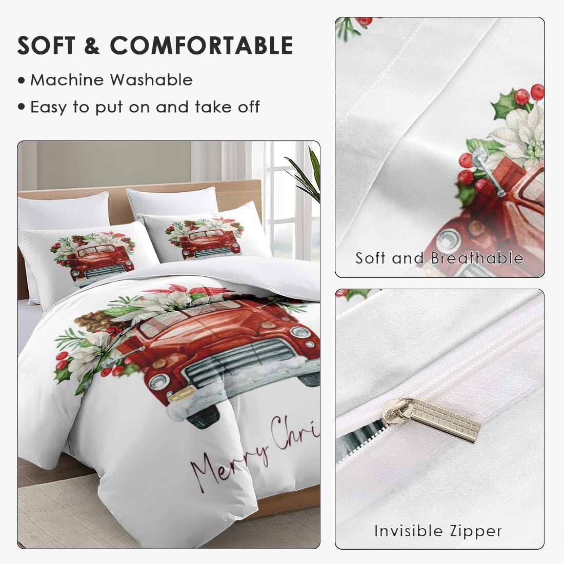 Juego de funda de edredón, juego de ropa de cama de flores rojas de Navidad para niños y adultos, decoración de dormitorio de hojas de pino, juego