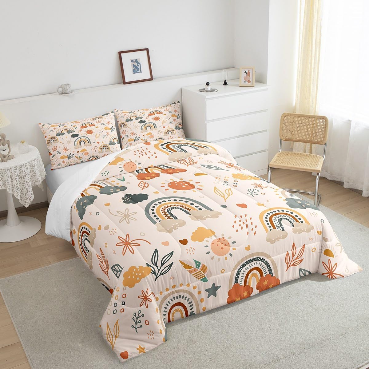 Juego de edredón bohemio con diseño de arco iris para niñas, estilo de mediados de siglo, bohemio, sol, hojas botánicas, floral, juego de ropa de