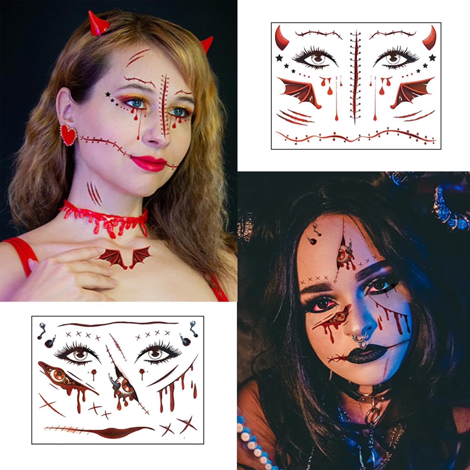 8 piezas de tatuajes faciales de Halloween, de terror, realista, falsa herida sangrienta, cicatriz, impermeable, temporal, tatuaje, calcomanías de