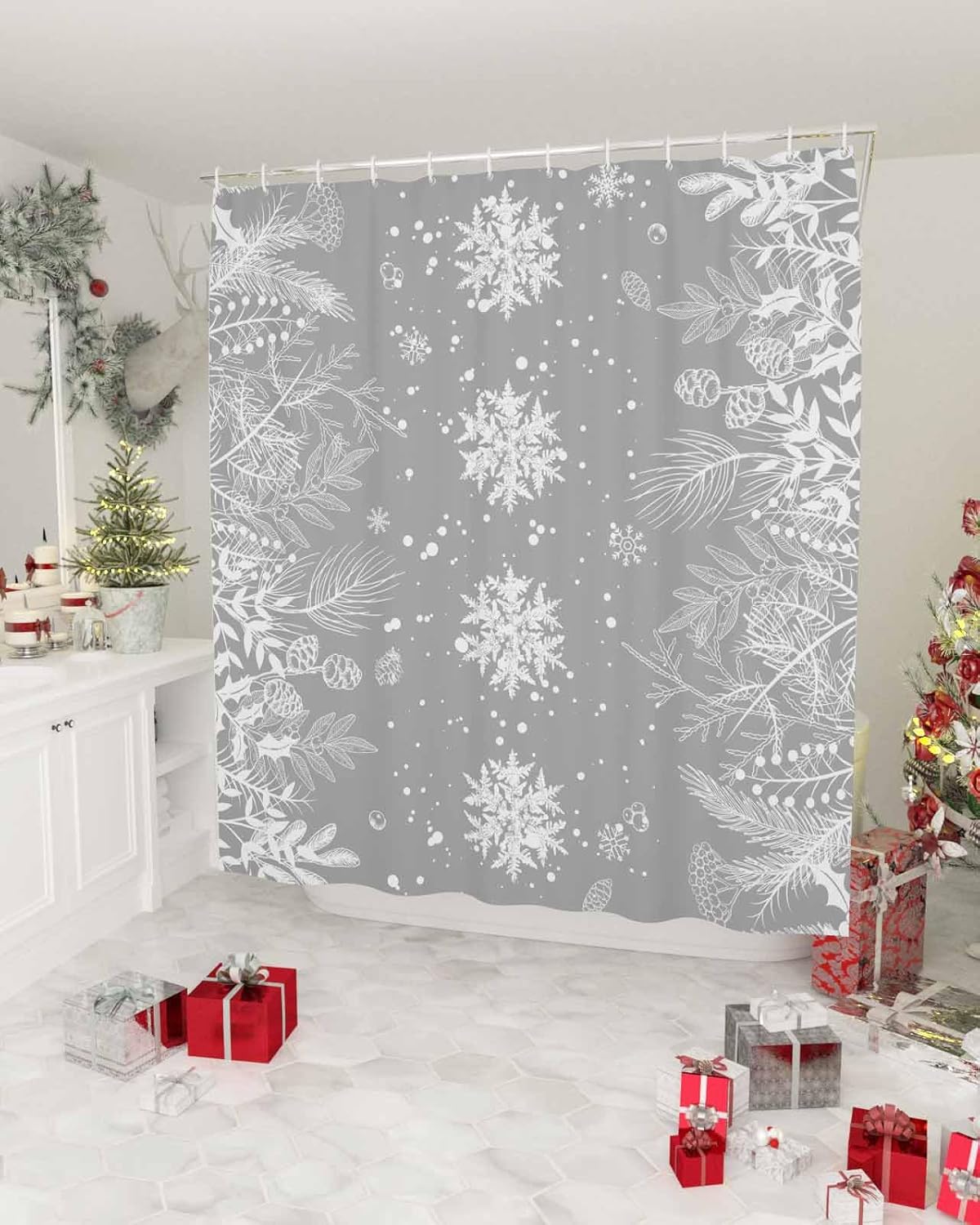 Cortina de ducha de Navidad, diseño geométrico de copos de nieve, impermeable, lavable, bohemio, divertido, juego de cortinas de ducha para baño,