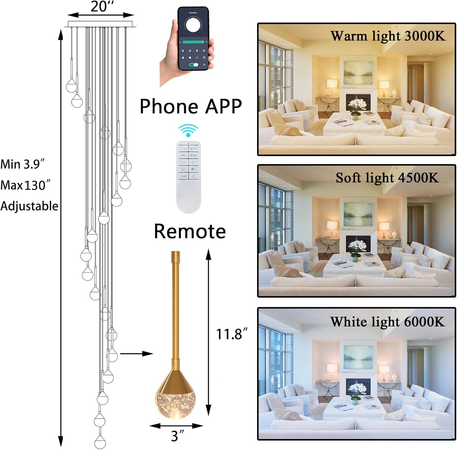 Candelabros de 16 luces para sala de estar de 137 pulgadas, luces LED de techo alto, lámpara de entrada, colgantes de cristal, lámparas de techo