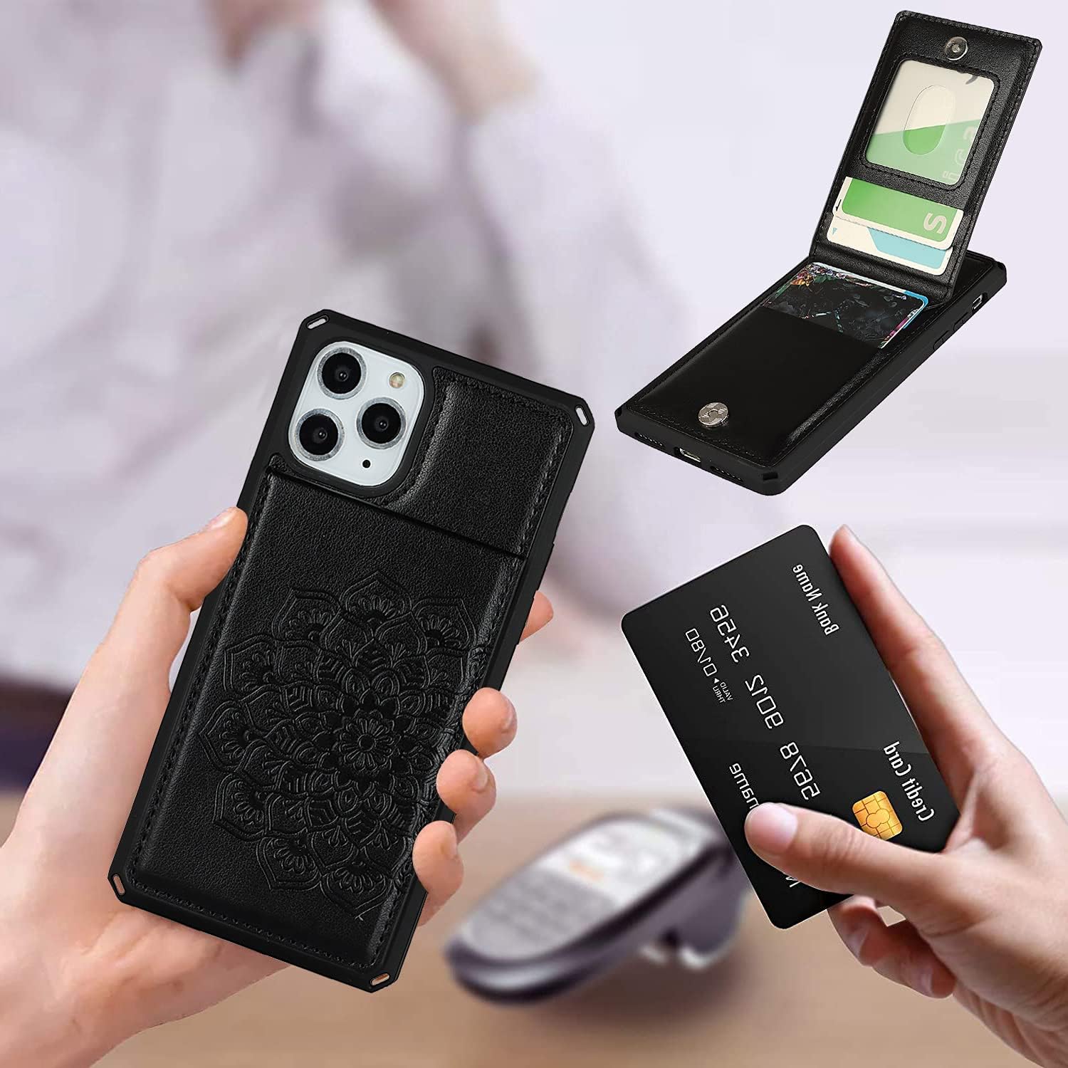 iCoverCase Funda tipo cartera para iPhone 11 con soporte para tarjeta de crédito, bloqueo RFID de cuero de primera calidad con cierre magnético y