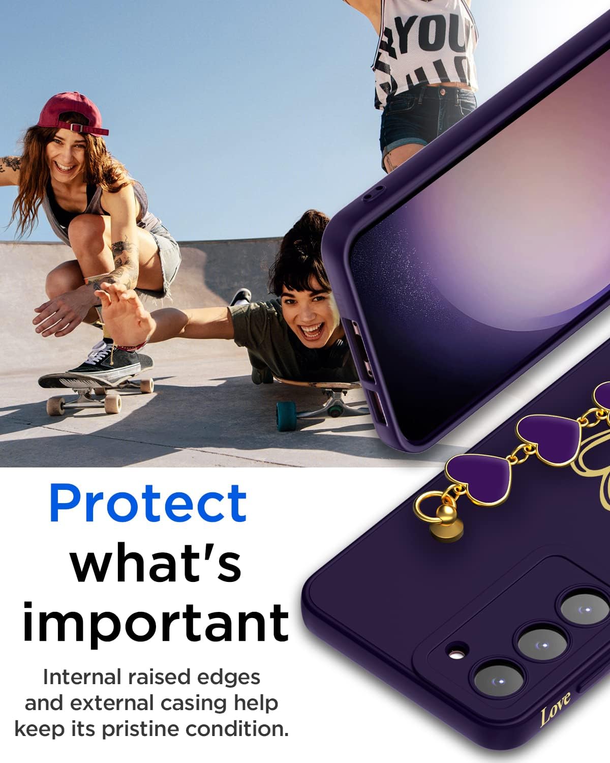 AICase Funda para Galaxy S23 Heart para mujer, protección de lente de cámara, bucle para tira de mano, bonita funda suave y delgada a prueba de