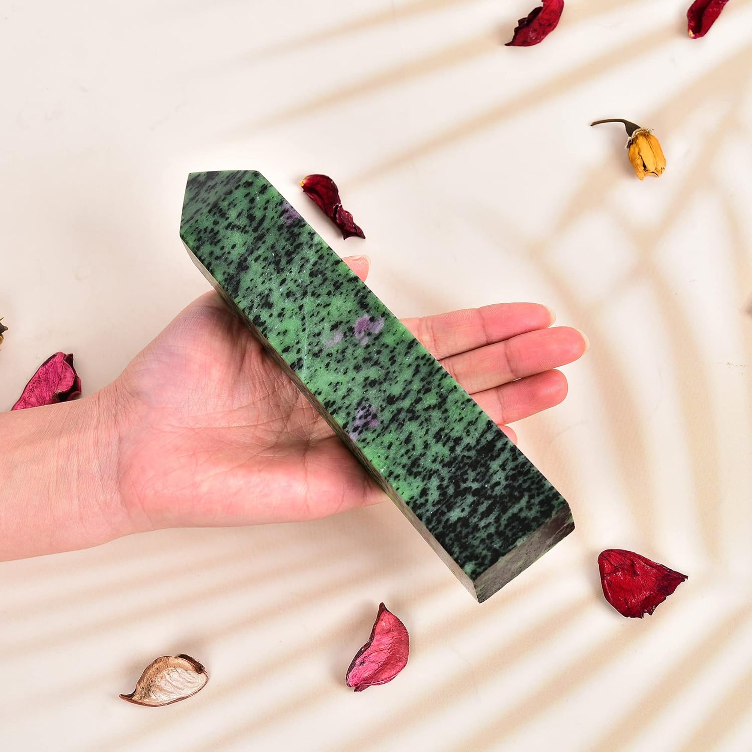 JIC Gem Varita de cristal curativo Rubí Zoisita Crystal Obelisco Torre Varita Rojo Verde Tesoro Minerales Decoración 1-1.3 lbs