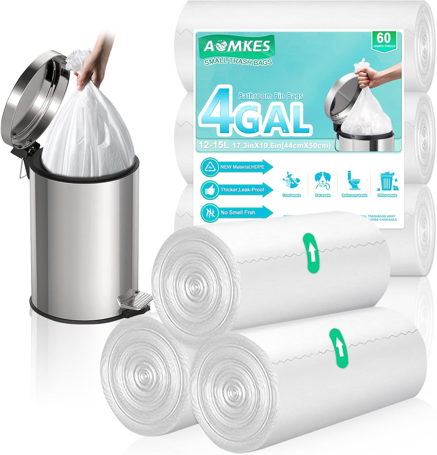 Bolsas de basura blancas para baño de 4 galones, 60 bolsas de basura pequeñas, 15 litros, 17.3 pulgadas x 19.6 pulgadas