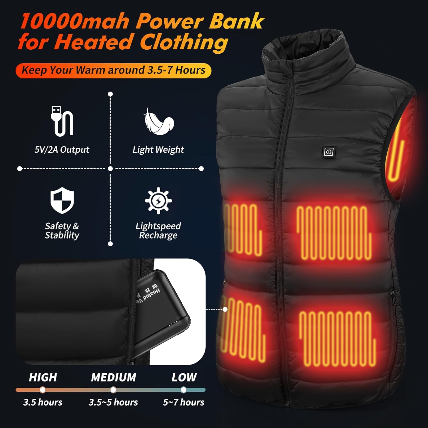 bellaciao Chaleco térmico de 5 V, 2 A, batería externa de 10000 mAh con puertos USB duales, tamaño Pokect, cargador portátil recargable para chaleco