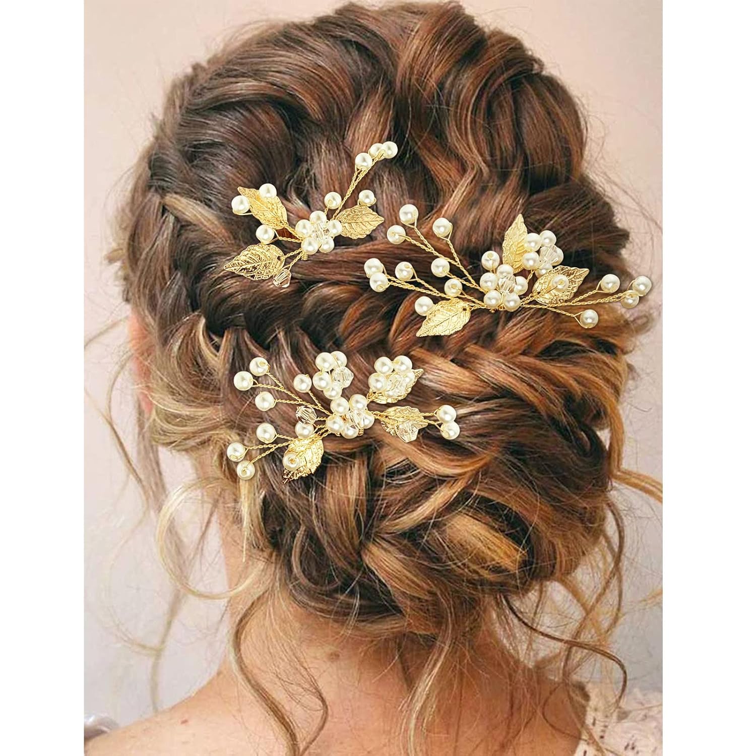 PRETTYLIFE Juego de 3 horquillas para el pelo de boda con forma de U y hojas doradas, accesorios para la cabeza para novias, mujeres, niñas,