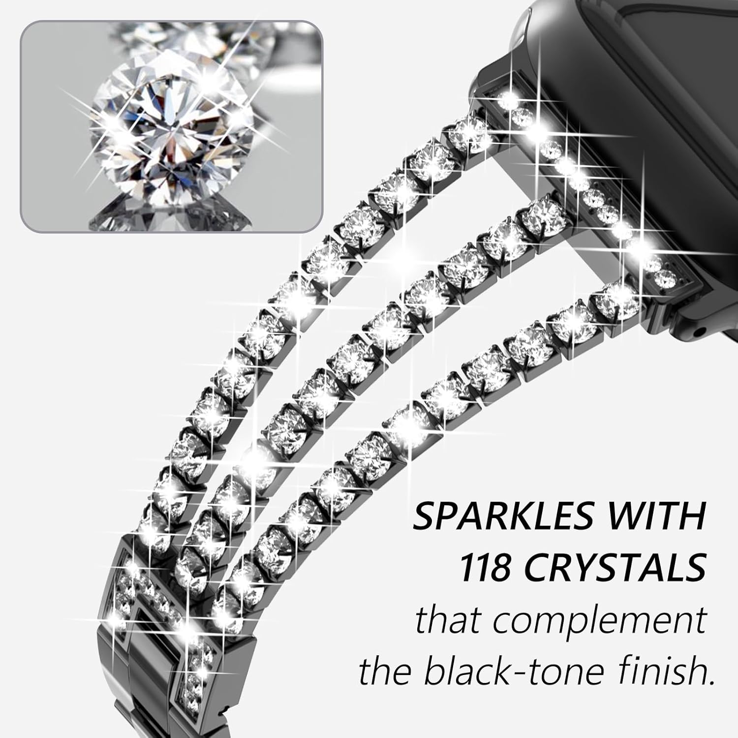 FULLIFE Compatible con Apple Watch Band Series 9, 8, 7, SE2, 6, 5, 4, 3, 2, 1 con diamantes de cristal, correa de acero para mujer (1.614, 1.575,