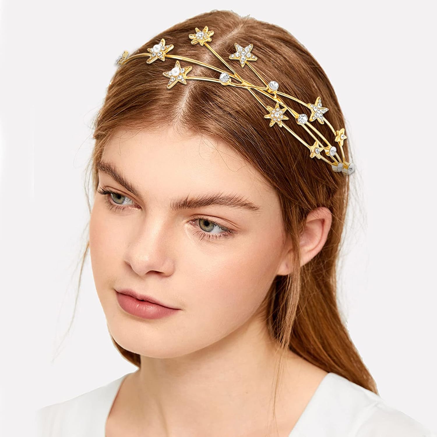 Aswewamt 2 diademas doradas de aleación de diamantes de imitación de cinco puntas con estrellas para novia, accesorio decorativo para el cabello,