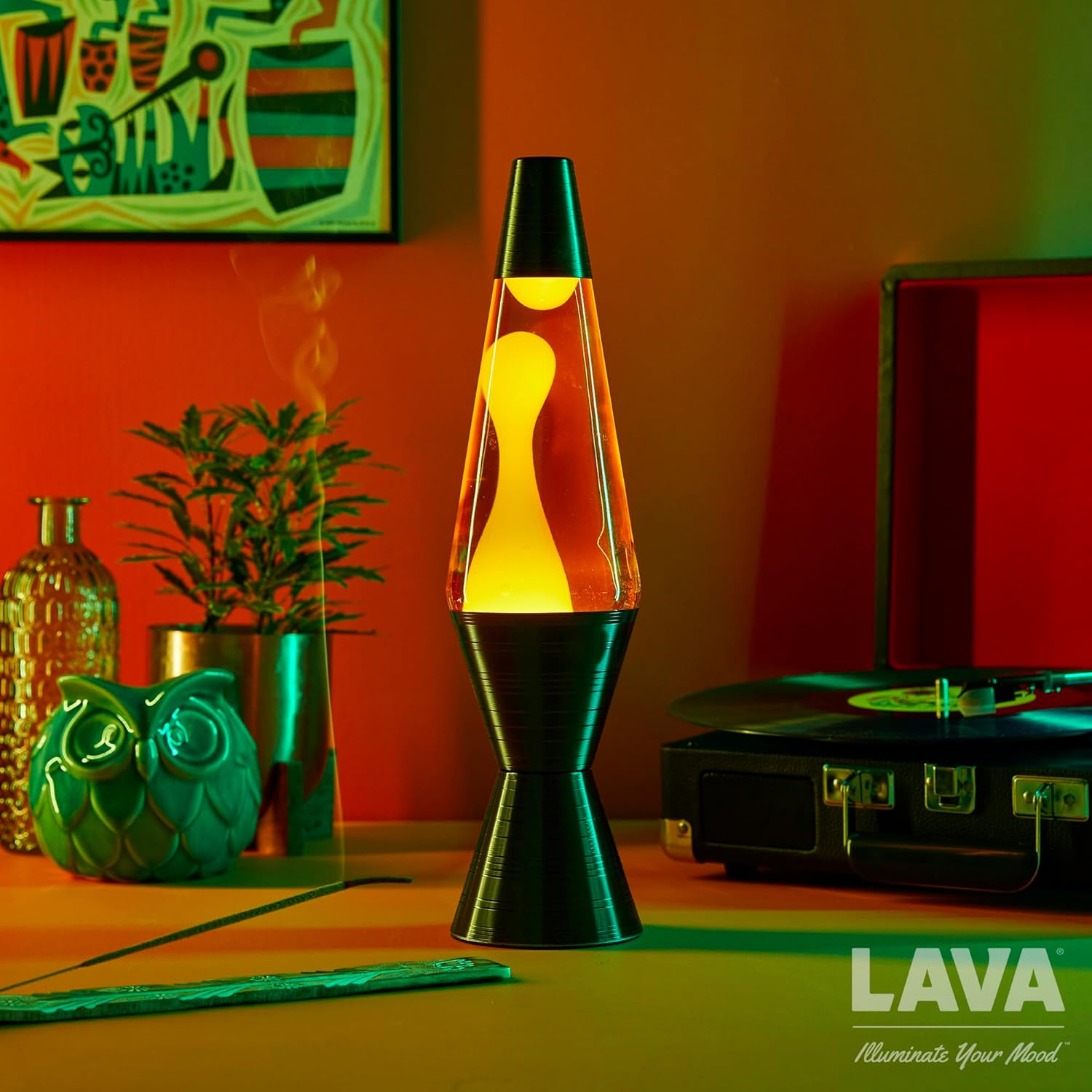 LAVA Lámpara de 14.5” Disco de vinilo con base ranurada – La luz de movimiento original – Cera amarilla y líquido naranja – 2017