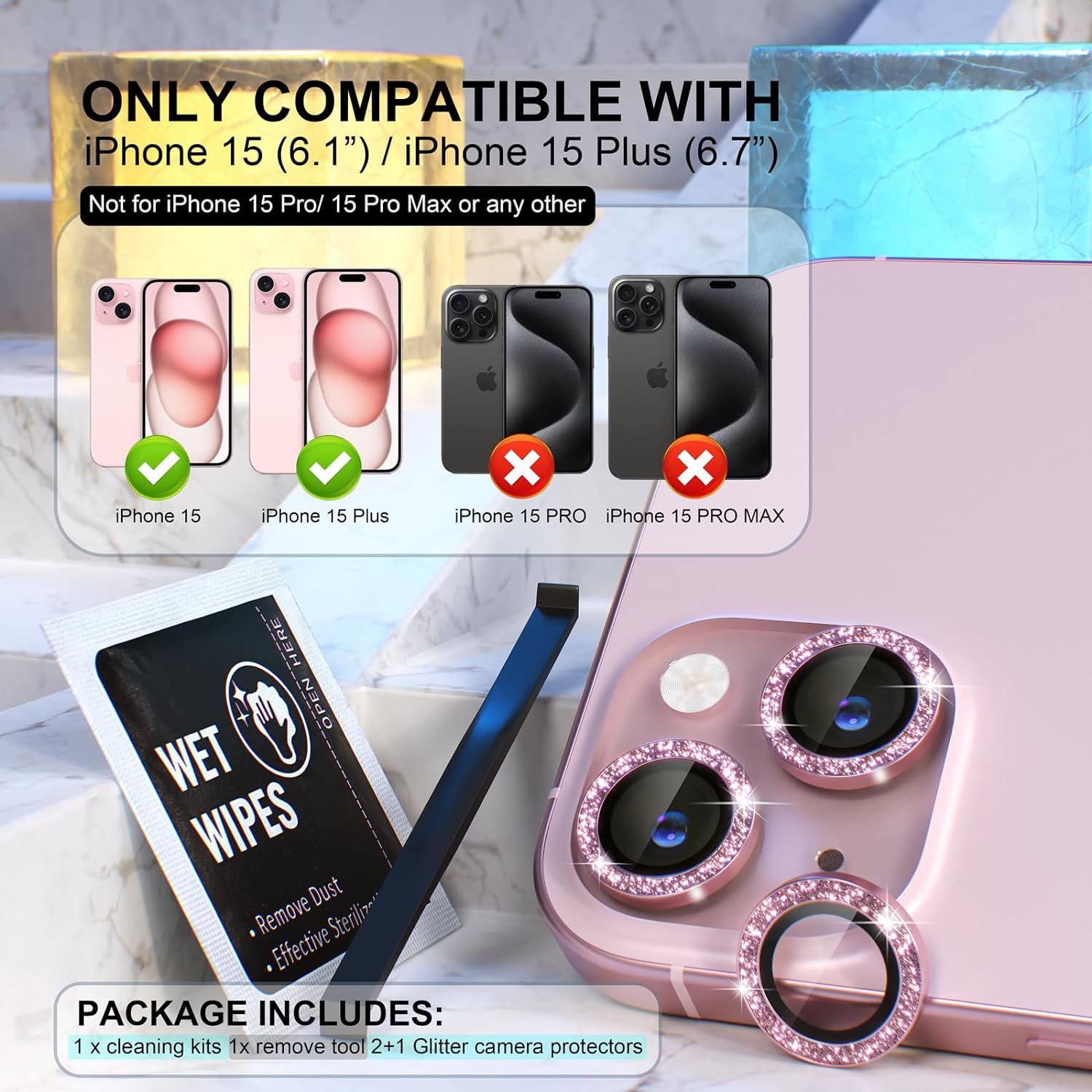 Choiche Protector de lente de cámara compatible con iPhone 15iPhone 15 Plus, protector de pantalla de vidrio templado 9H, accesorios de decoración