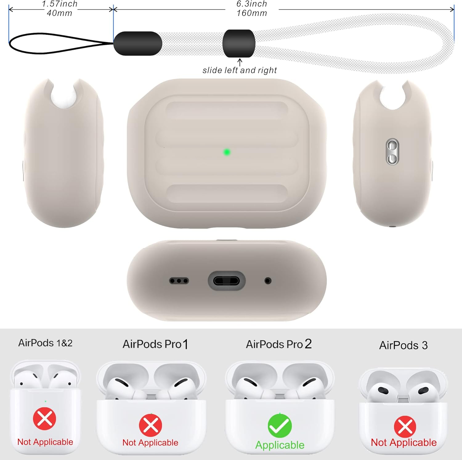 Funda antipérdida compatible con Airpods Pro 2, carga inalámbrica, LED visible, cordón incluido (negro-beige)