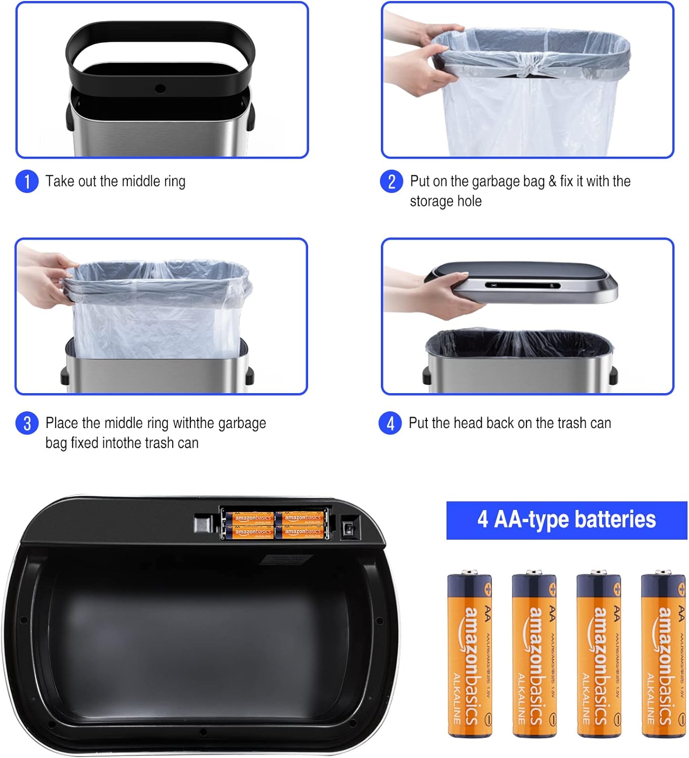 Bote de basura automático inteligente de 13 galones de 50 litros con tapa, cuerpo grueso de acero inoxidable y tapa de sensor sin tacto súper