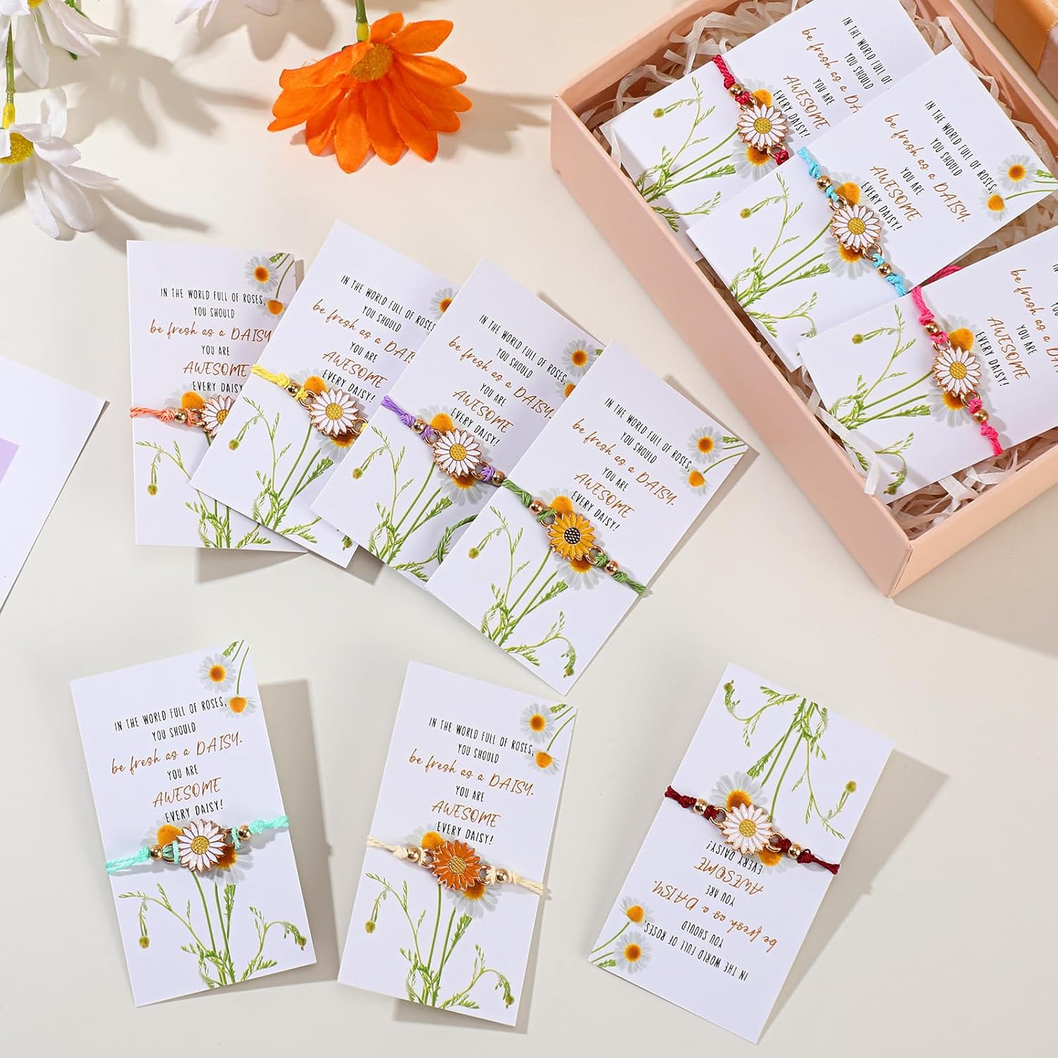 30 juegos de pulseras inspiradoras a granel, regalos de margaritas coloridas, pulsera de margaritas lindas, pulsera de girasol con tarjetas