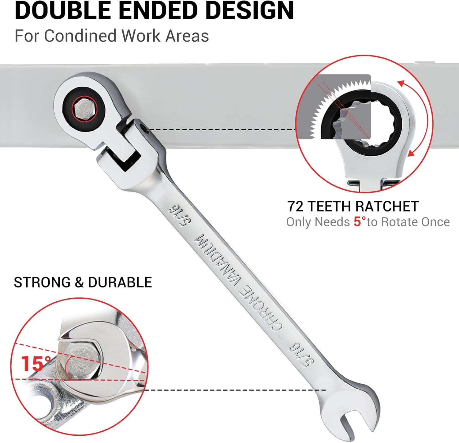 Pilida – Llave combinada de trinquete de 516 pulgadas SAE Flex Head con diseño de 12 puntos, trinquete de 72 dientes, acero CR-V