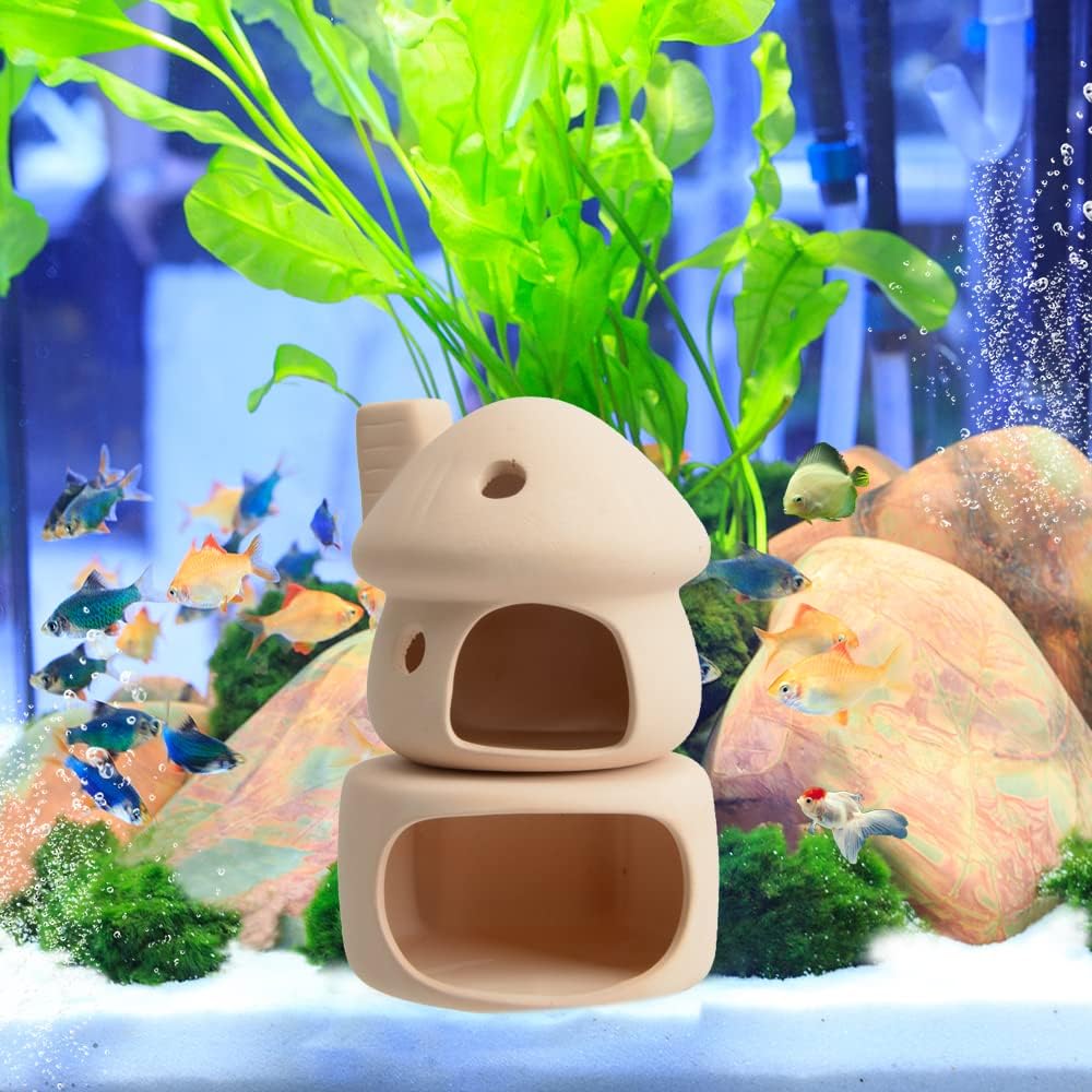 YXQ Decoración de acuario Casa de hongos de cerámica con cueva para pecera, paisaje a camarones pequeñospeces de colores ocultando descanso y raza