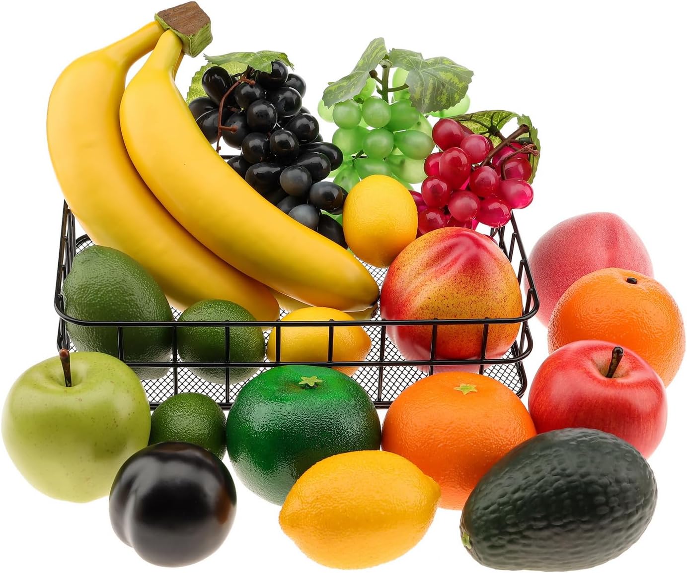 19 piezas artificiales de mezcla de frutas falsas de 3 cabezas, plátano, uva, limón, manzana, melocotón, naranja, aguacate, nectarina, decoración de