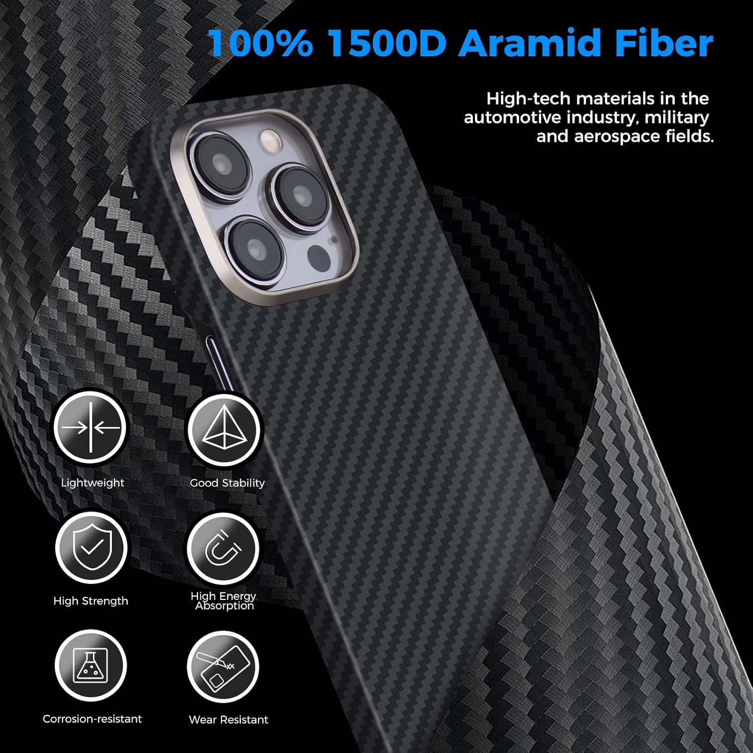 MONOCARBON Funda de fibra de aramida real para iPhone 15 Pro, lujosa funda delgada y ligera de 0.04 pulgadas, ajuste delgado y ligero de 6.1