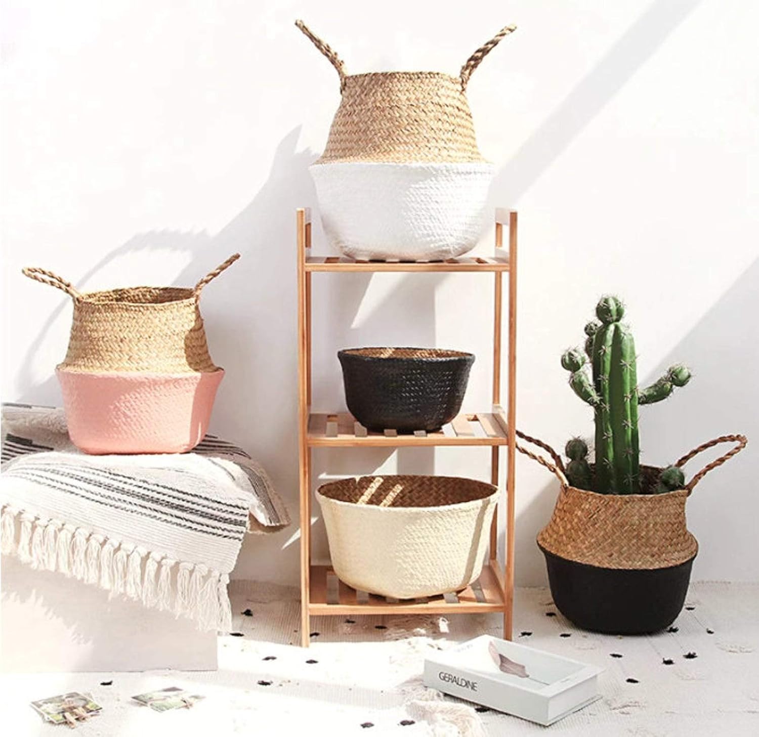 LiloCraft – Cesta para plantas de hierba marina (tamaño 9 x 8 pulgadas, patrón fondo negro) Solución de almacenamiento para decoración del hogar con