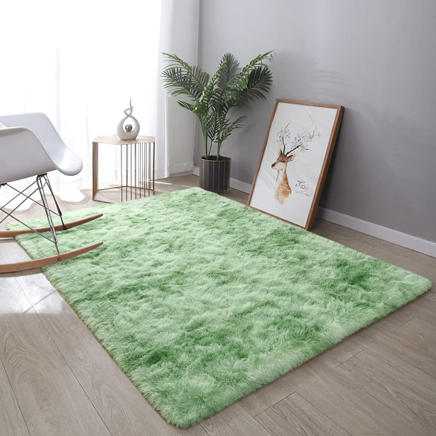 DweIke – Alfombras esponjosas para dormitorio, sala de estar, alfombras de interior de 4 x 6 pies, alfombras peludas teñidas anudadas, color verde