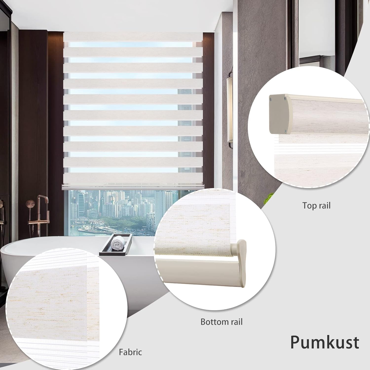 Pumkust Persianas sin cordones de cebra para ventanas (36 pulgadas de ancho x 72 pulgadas de alto, beige) persianas de día y noche, persianas