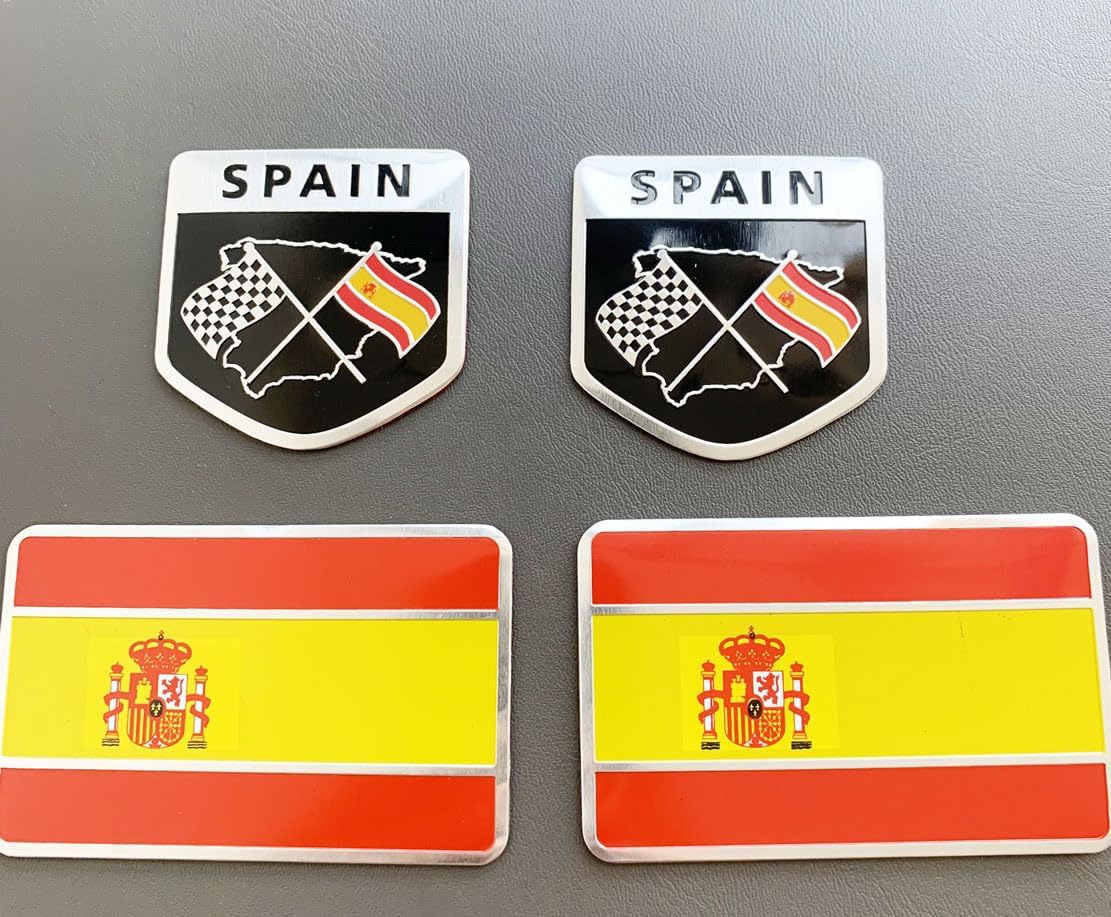 4 calcomanías de metal con emblema de la bandera de España Española España, banderas nacionales españolas, insignias patrióticas para autos,