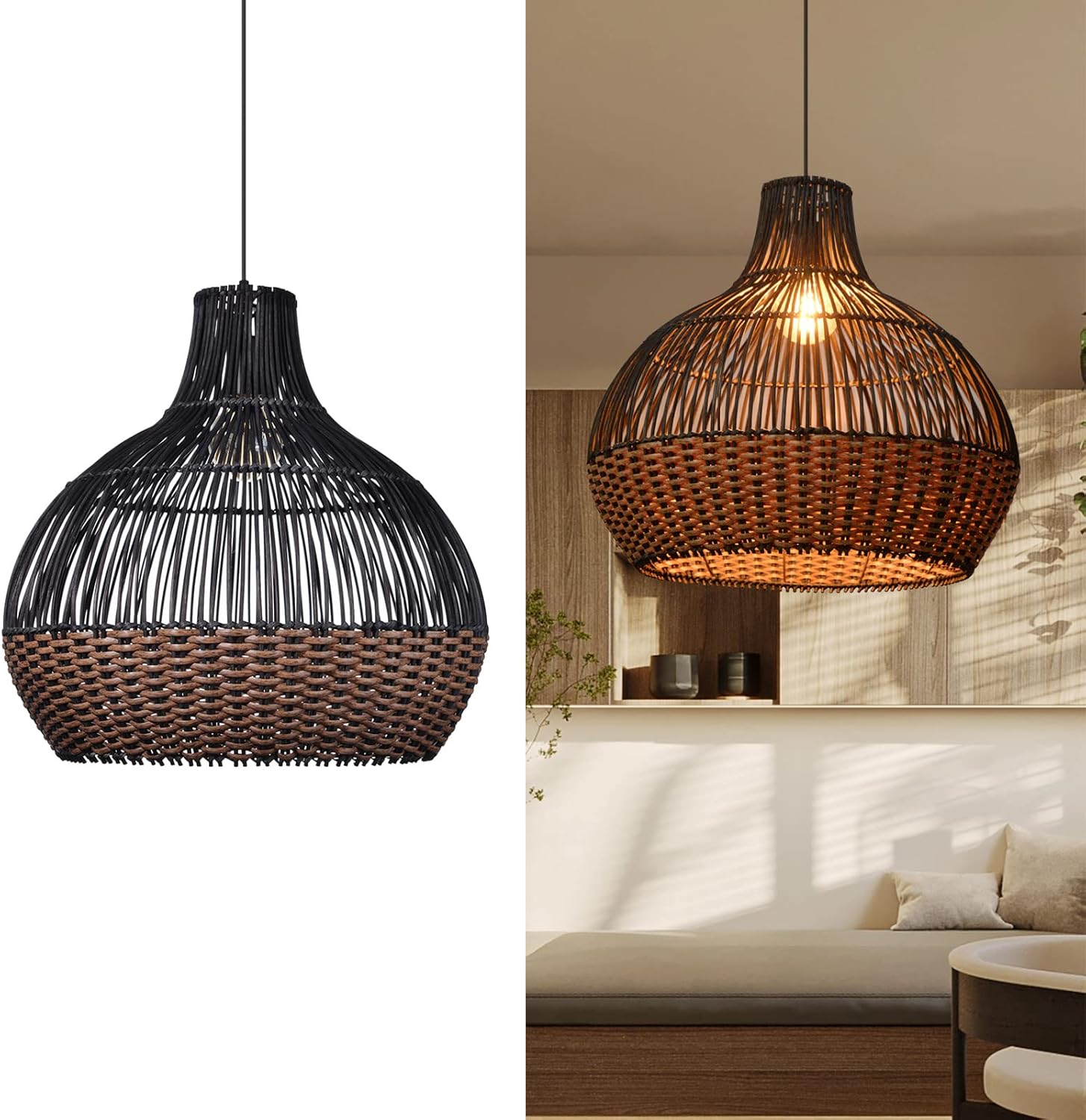 Arturesthome Luces colgantes de ratán negro, lámpara de mimbre estilo bohemio, accesorio de iluminación de cesta, lámpara colgante grande de tejido