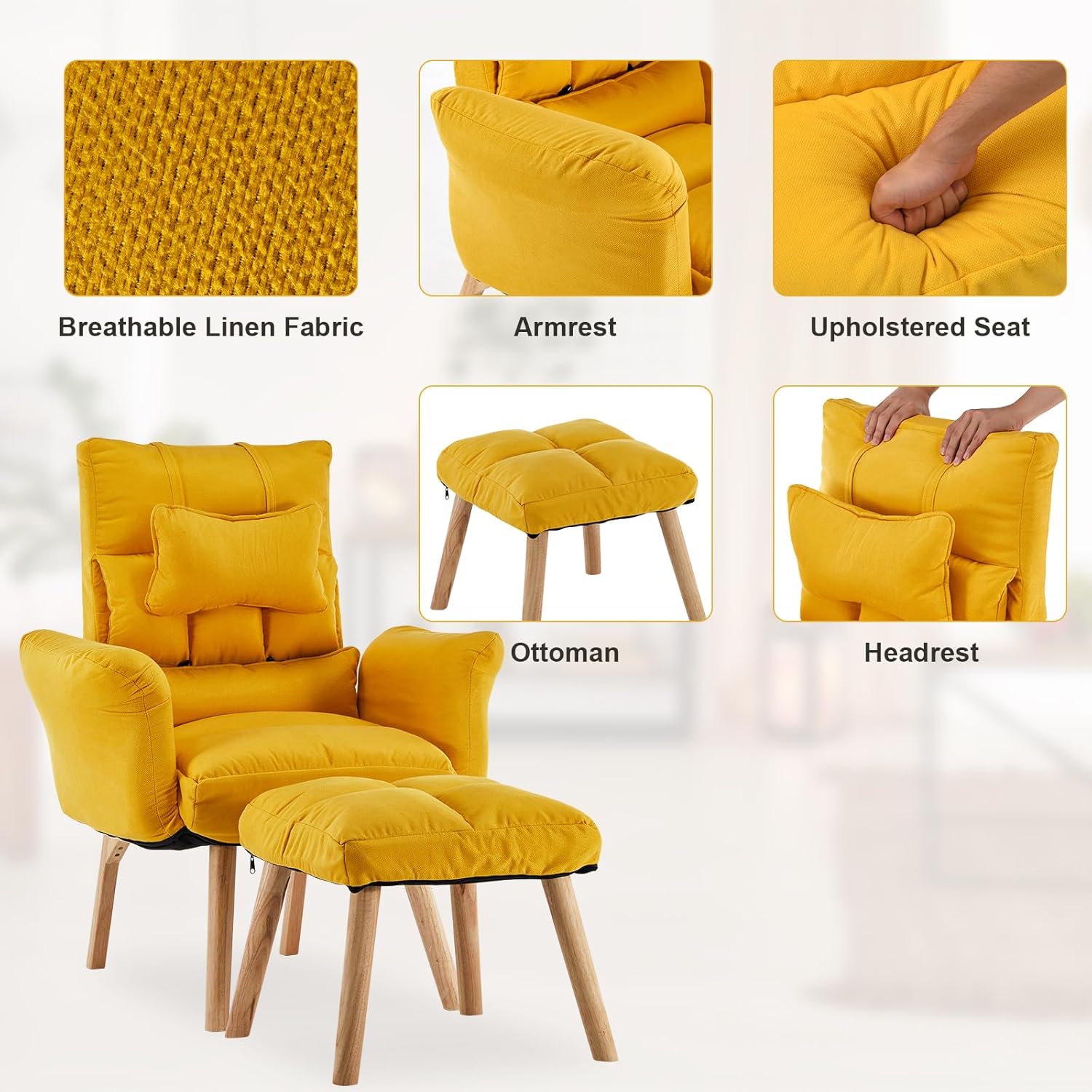 CLIPOP Silla decorativa moderna con otomana, sillón de tela de lino con respaldo ajustable (5 ángulos), patas de madera maciza, cómoda silla de